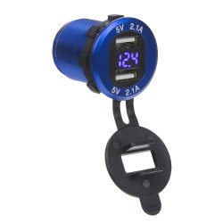 2x USB nabíjačka s voltmetrom, hliníková do panelu, modrá