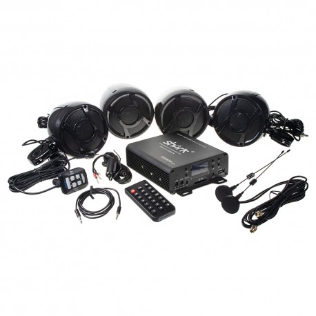 4.1CH zvukový systém na motocykel, skúter, ATV, loď s FM, USB, AUX, BT, čierne