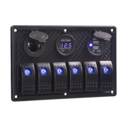 Panel s 6x spínačmi Rocker, voltmeter, CL + USB zásuvka, 12/24V